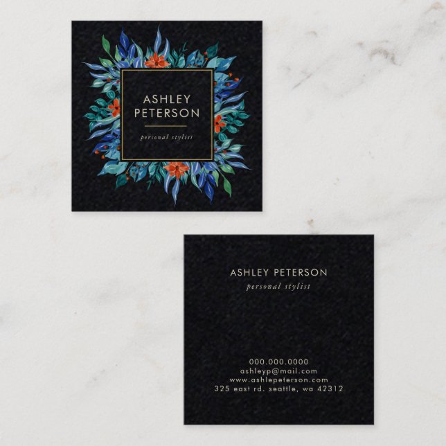 Botanisches Gemälde mit Blumen Moderne Quadratische Visitenkarte (Vorne/Hinten)