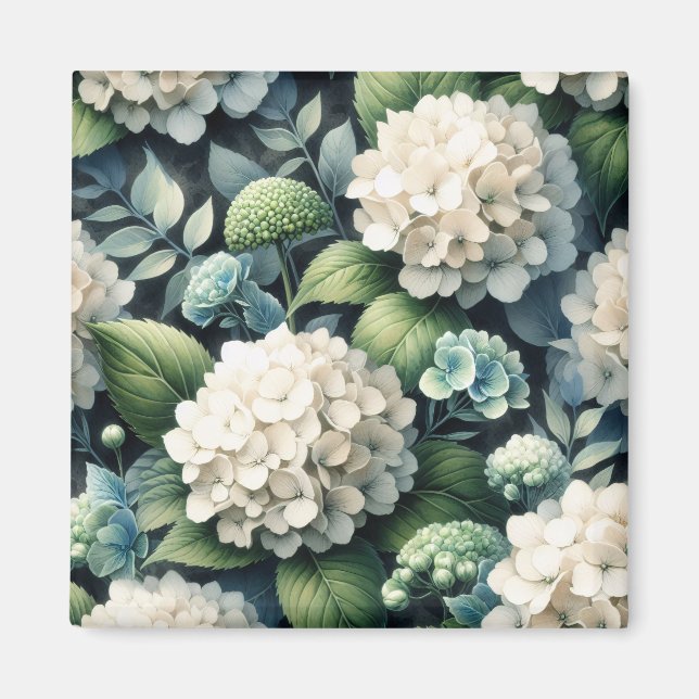 Botanisches Gemälde mit weißem Hydrangea Magnet (Vorne)