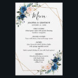 Botanisches geometrisches Hochzeitsmenü mit blauem<br><div class="desc">Elegante und moderne romantische geometrische Aquarell Blumenkarte mit einem Bouquet von marineblau / königsblau ,  rot-rosa,  pfirsichfarbenen Rose mit passendem Blattwerk. Ideal für einen Herbst / Hochzeitsmitte. Weitere passende Designs und Variationen finden Sie in meinem "Blitzweddingpaperie" Shop. Und zögern Sie nicht,  mich für weitere Anpassungen oder Matching-Produkte zu kontaktieren</div>