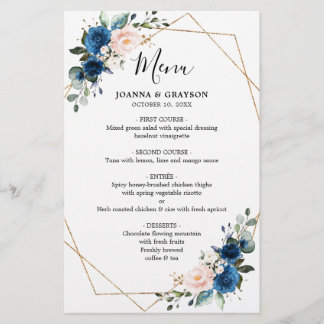 Botanisches geometrisches Hochzeitsmenü mit blauem