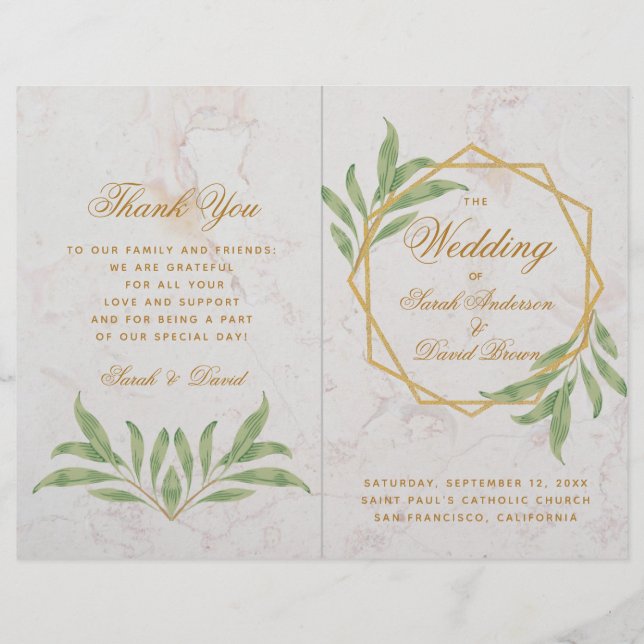 Botanisches geometrisches Hochzeitsprogramm mit Gr (Vorderseite)