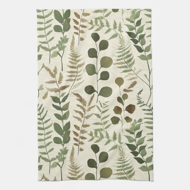 Botanisches gepresstes Blätter-Muster – Farn-Druck Geschirrtuch (Vertikal)