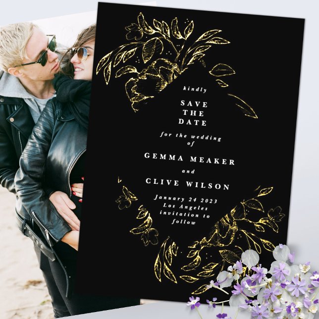 Botanisches Gold Black Foil Foto Save the Date Folieneinladung (Von Creator hochgeladen)