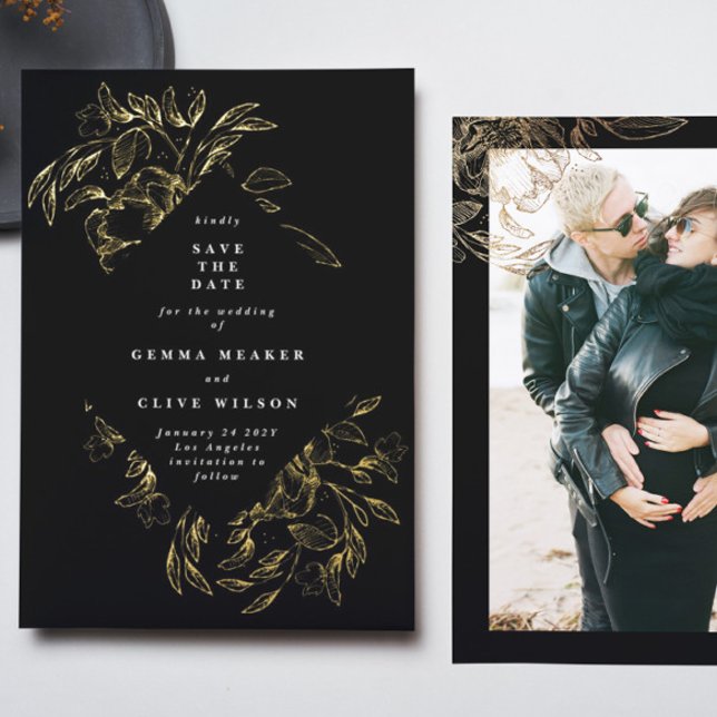 Botanisches Gold Black Foil Foto Save the Date Folieneinladung (Von Creator hochgeladen)