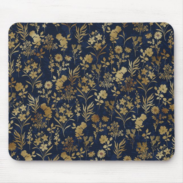Botanisches Gold Blume Blaues Muster Mousepad (Vorne)