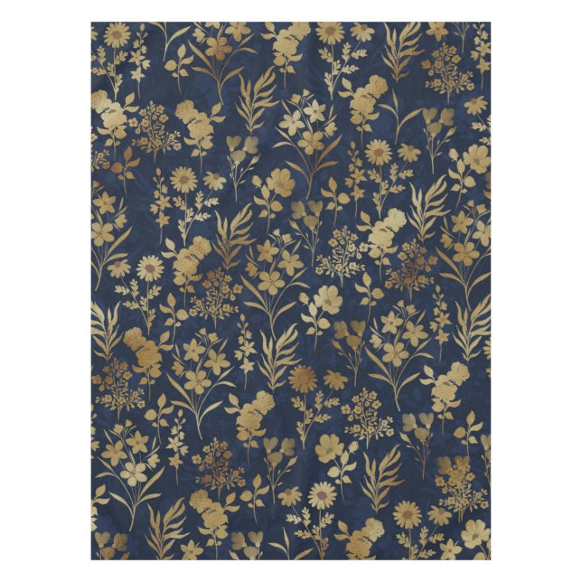 Botanisches Gold Blume Blaues Muster Tischdecke (Vorderseite)
