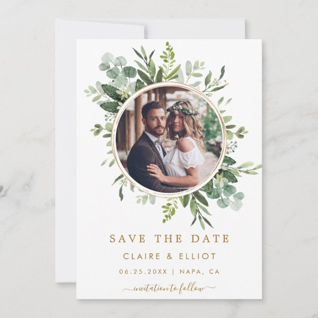 Botanisches Gold Green Wreath Wedding Foto Save The Date (Vorderseite)
