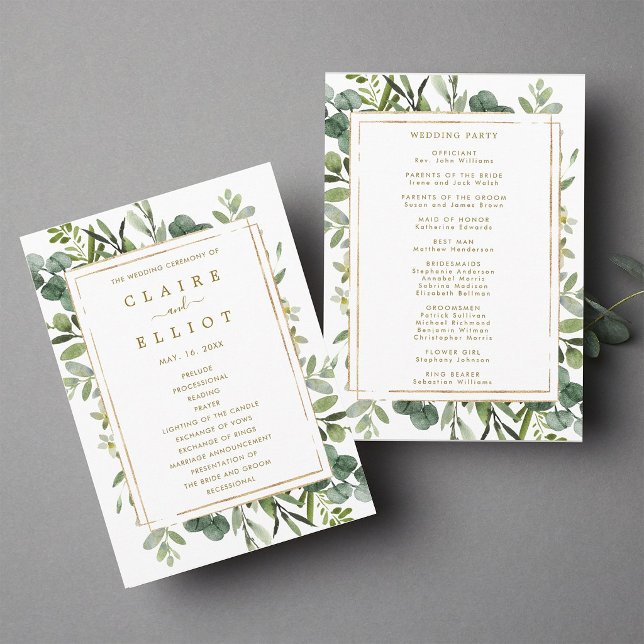 Botanisches Gold-Grün-Hochzeitszeremonie-Programm Programm (Front & Back)