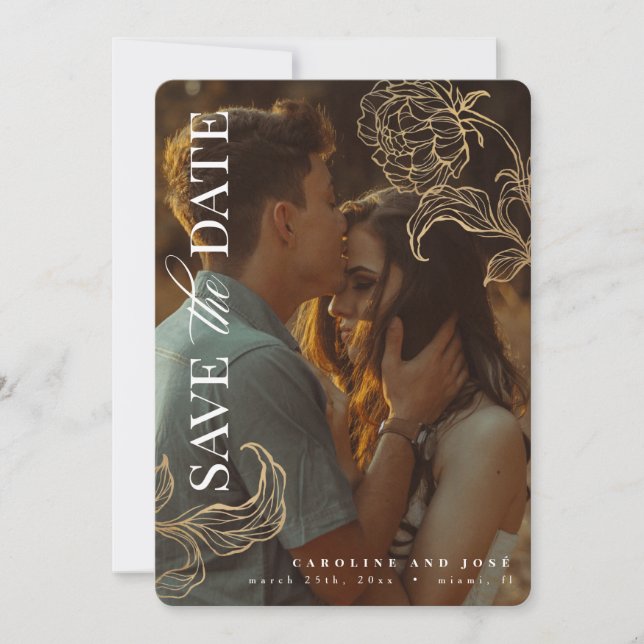 Botanisches Gold Leaf Foto Save the Date Einladung (Vorderseite)