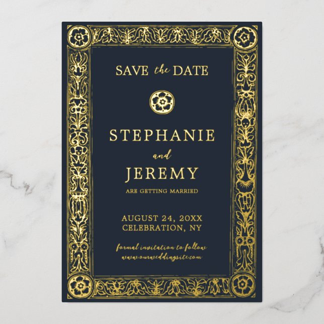 Botanisches Gold Navy-Floral Save the Date Folieneinladung (Vorderseite)