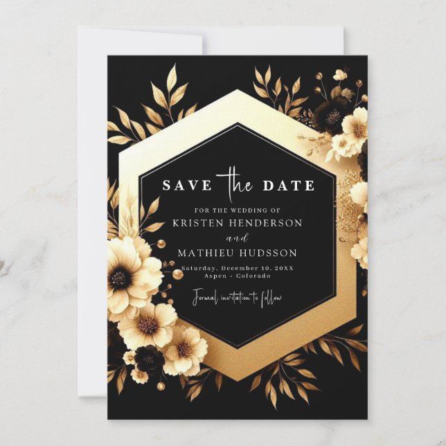 Botanisches Gold und Schwarze Hochzeit Save The Date (Vorderseite)