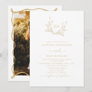 Botanisches Goldblatt   Monogramm-Foto-Hochzeit Einladung