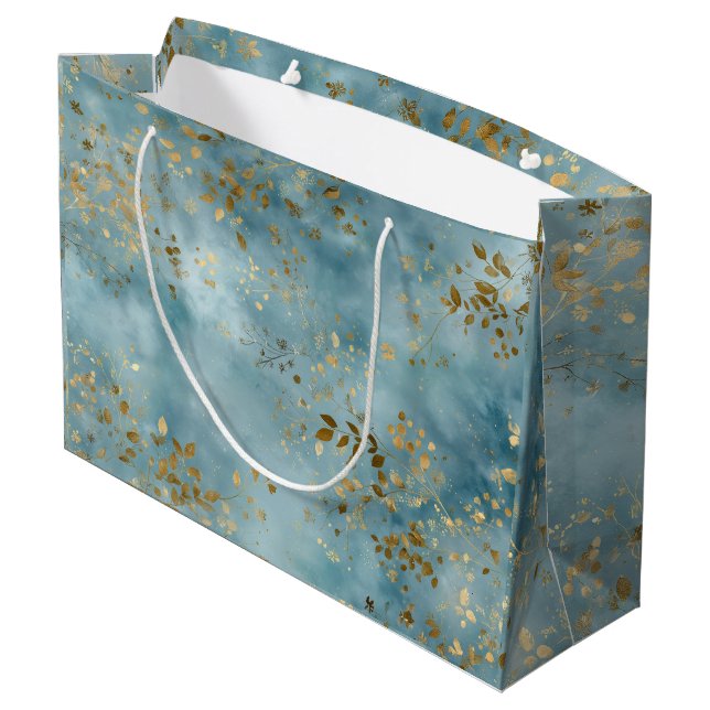 Botanisches Goldblätter-Musterdesign Türkis Große Geschenktüte (Rückseite Schrägansicht)