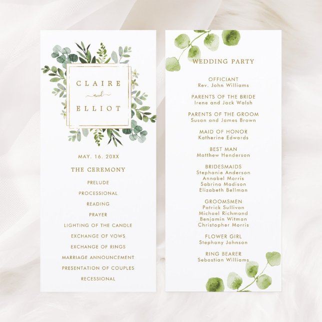 Botanisches Goldgrün Hochzeitsprogramm Programm (Front & Back)
