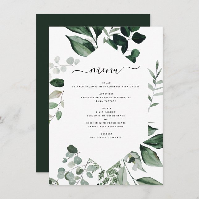 Botanisches Greenery Foliage Watercolor Wedding Me Menükarte (Vorne/Hinten)
