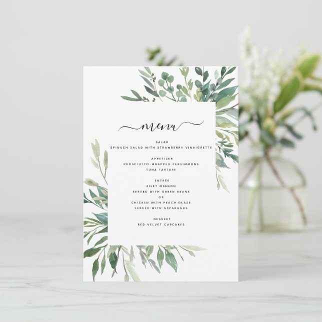 Botanisches Greenery Foliage Watercolor Wedding Me Menükarte (Stehend Vorderseite)