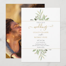 Botanisches Greenery Foto Gold Script Wedding Einladung