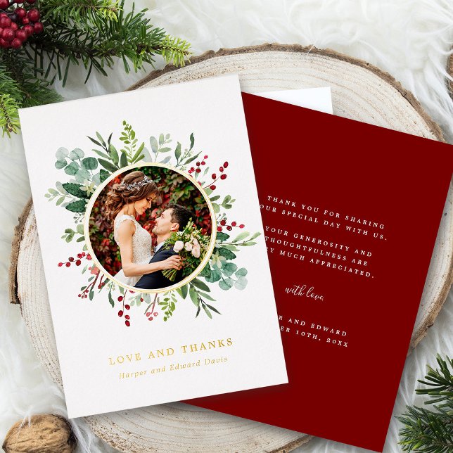 Botanisches Greenery Foto Vielen Dank Gold Foil Ca Folieneinladung (Front & Back)