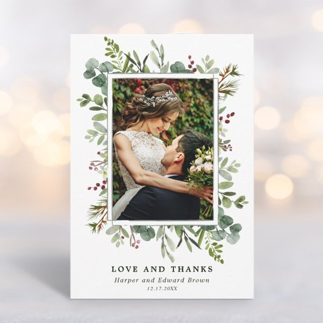 Botanisches Greenery Winter Wedding Foto Dankeskarte (Von Creator hochgeladen)