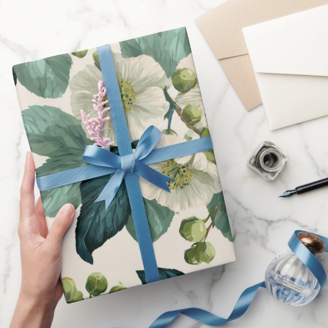 Botanisches Grün Blumen Creme Blumenmuster Geschenkpapier (Schenken)