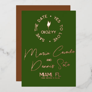 Botanisches Grün-Braun-Script Save-the-Date Folieneinladung