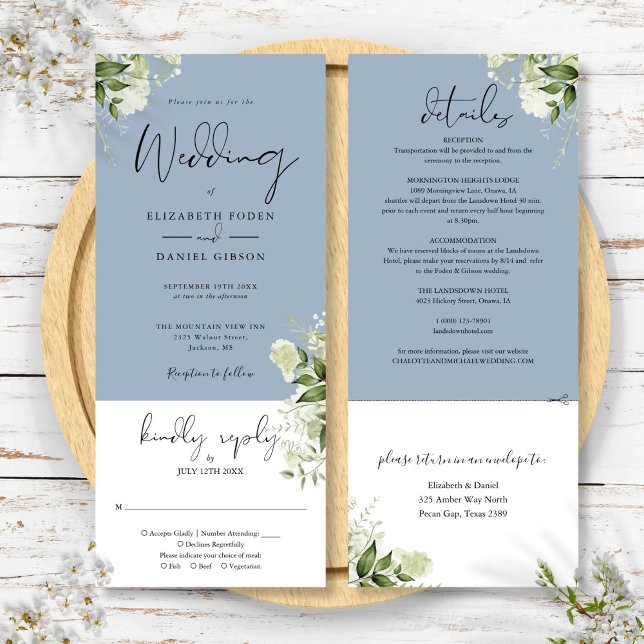 Botanisches Grün Dusty Blue auf einer Hochzeit Einladung (Botanical Greenery Dusty Blue All In One Wedding Invitation)