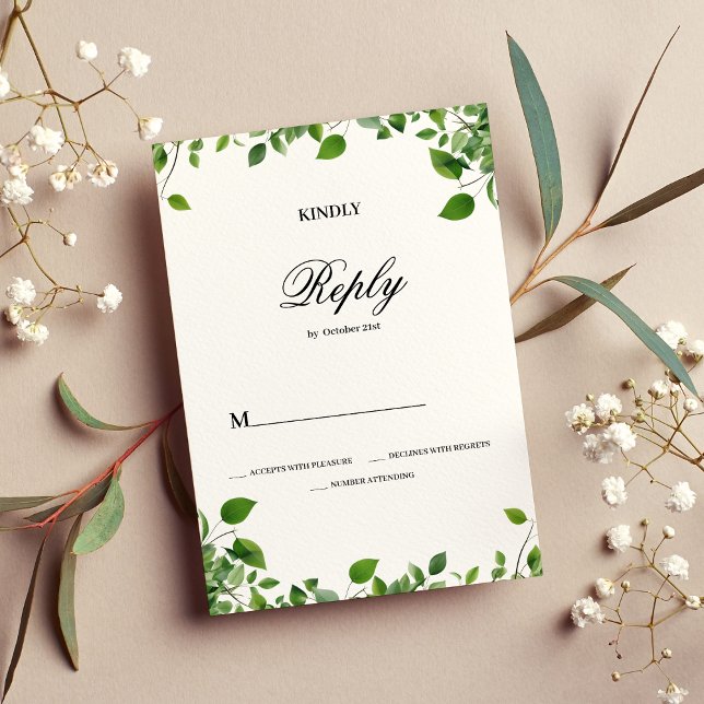 Botanisches Grün, einfache Hochzeit RSVP Einladung (Botanical greenery foliage simple Wedding RSVP)