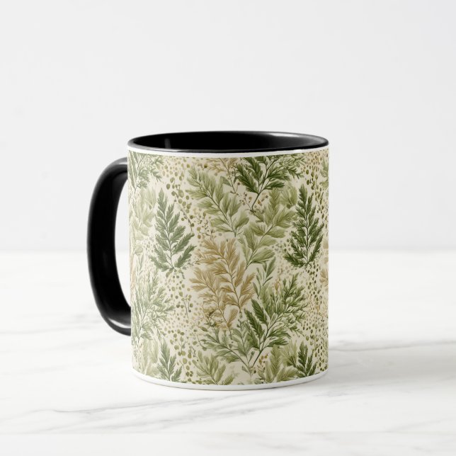Botanisches Grün Farn Beige Blumenmuster Tasse (Vorderseite Links)