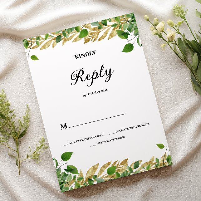 Botanisches Grün, goldenes Blattwerk Hochzeit RSVP Einladung (Botanical greenery gold foliage Wedding RSVP)