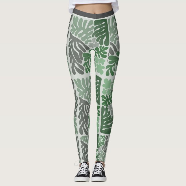 Botanisches Grün & Graues Leaf Leggings (Vorderseite)