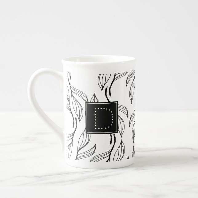 Botanisches Grün, Schwarz-Weiß-Monogramm Prozellantasse (Links)