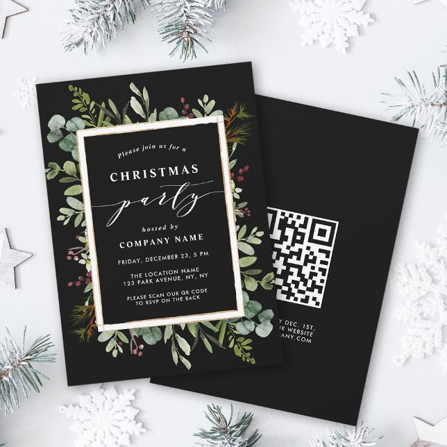 Botanisches Grün Weihnachtsfest Party mit QR-Code Einladung (Front & Back)