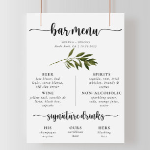 Botanisches grünes Blätter Hochzeitmenü Bar Poster