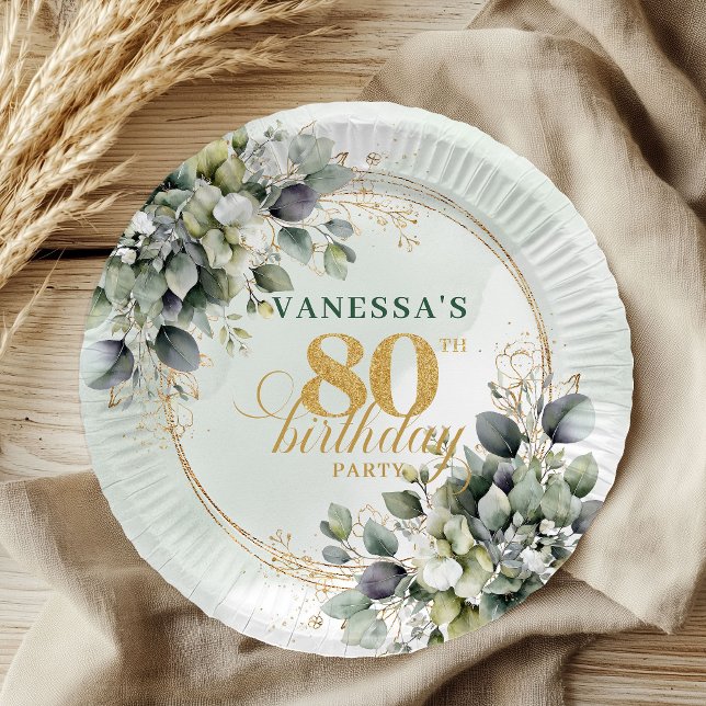 Botanisches grünes Gold Eukalyptus 80. Geburtstag  Pappteller (Botanical Green Gold Eucalyptus 80th Birthday Plates)