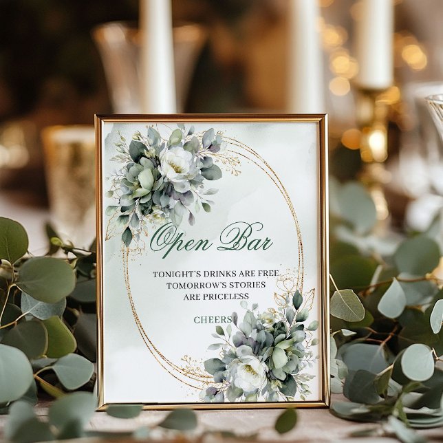 Botanisches grünes Gold Open Bar Tischschild Poster (Botanical Green Gold Open Bar Tabletop Sign)