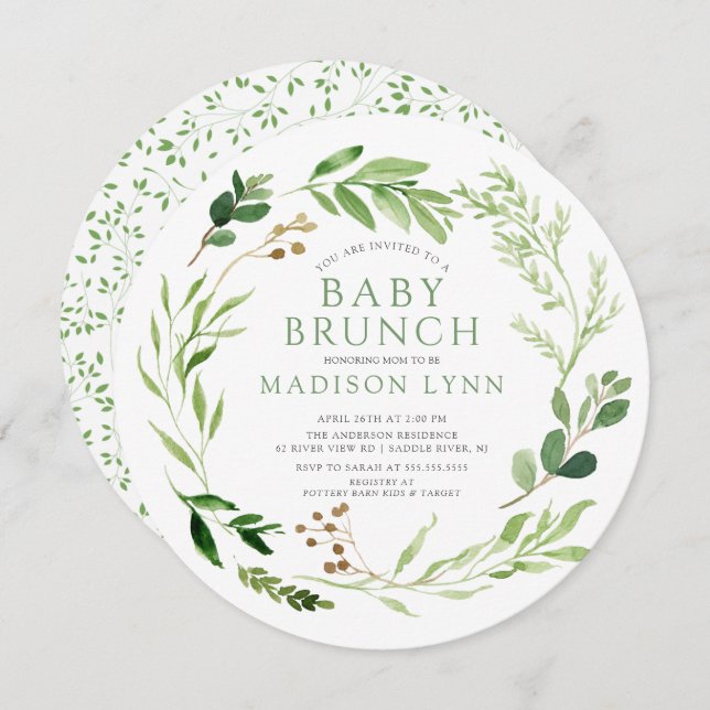 Botanisches grünes Leaf Baby Brunch Einladung (Vorne/Hinten)