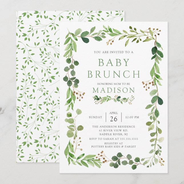 Botanisches grünes Leaf Baby Brunch Einladung (Vorne/Hinten)