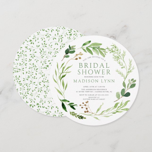 Botanisches grünes Leaf Bridal Dusche Einladung (Vorne/Hinten)