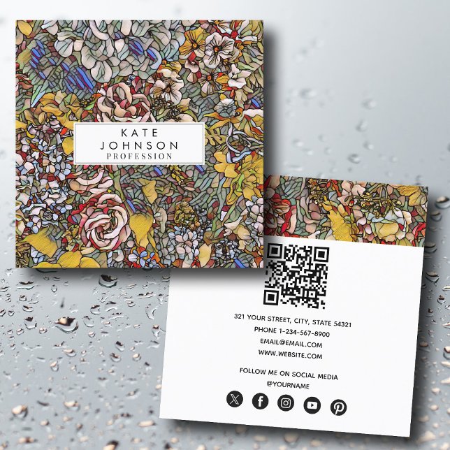 Botanisches Hartglas Quadratische Visitenkarte (Stained Glass Botanical Floral Square Business Card)
