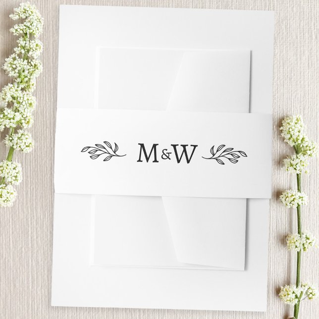 Botanisches Hochzeitscouple-Monogramm Einladungsbanderole (Modern wedding couple initials monogram with botanical leaf sprig belly band)