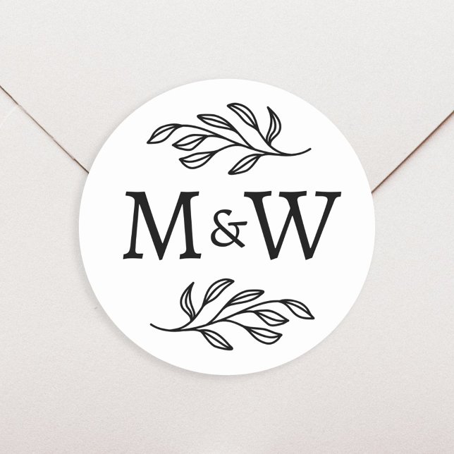Botanisches Hochzeitscouple-Monogramm Runder Aufkleber (Modern wedding couple monogram initials personalized stationery envelope seal stickers)