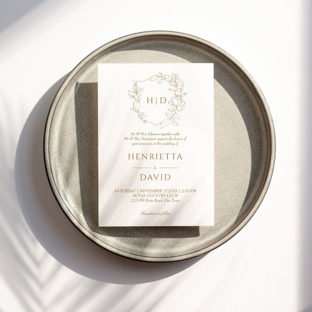 Botanisches Hochzeitsgold, elegant Einladung (Wedding crest simple elegant botanical gold wedding invitation template instant download)