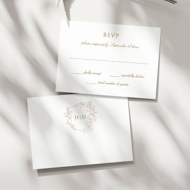 Botanisches Hochzeitsgold, elegant RSVP Karte (Wedding crest botanical gold simple elegant minimalist RSVP cards monogram gold and white RSVP)