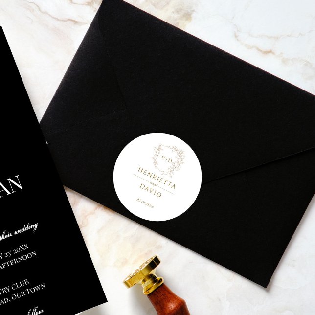 Botanisches Hochzeitsgold, elegant Runder Aufkleber (Wedding crest monogram botanical gold simple elegant wedding sticker bride and groom names)