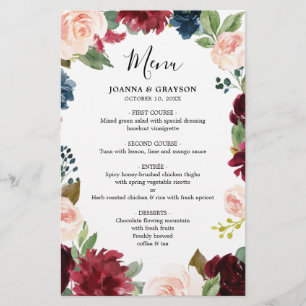 Botanisches Hochzeitsmenü der Blush Navy