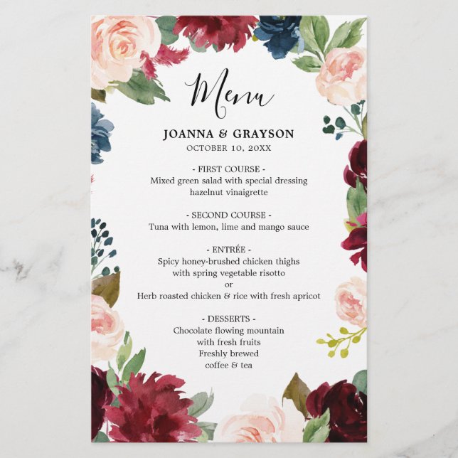 Botanisches Hochzeitsmenü der Blush Navy (Vorderseite)