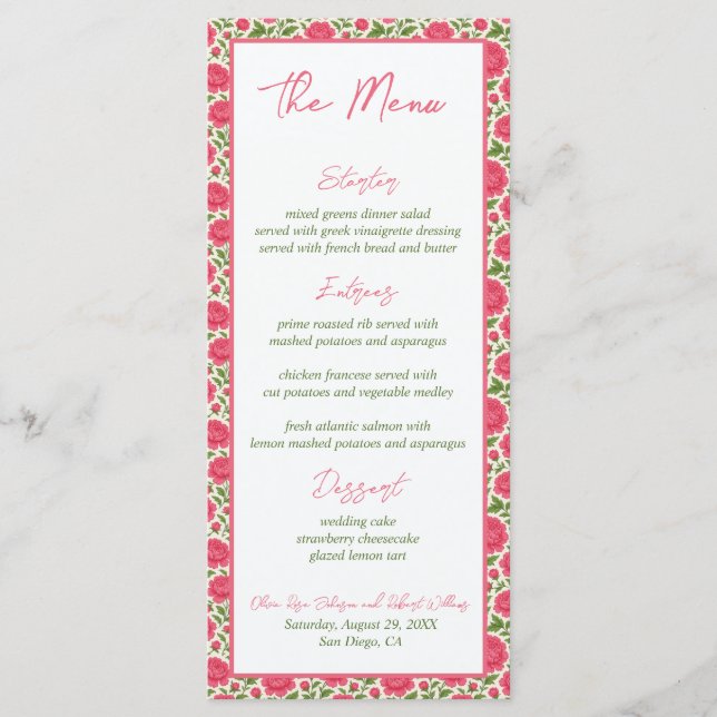 Botanisches Hochzeitsmenü von Bloom Pink Peony Menükarte (Vorderseite)