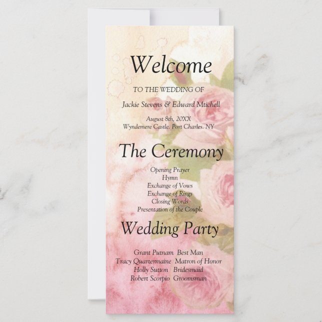 Botanisches Hochzeitsprogramm der Blush-Rose (Vorderseite)