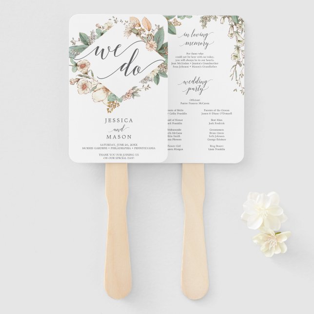 Botanisches Hochzeitsprogramm Fächer Liebevolles A (Vorne und Hinten)