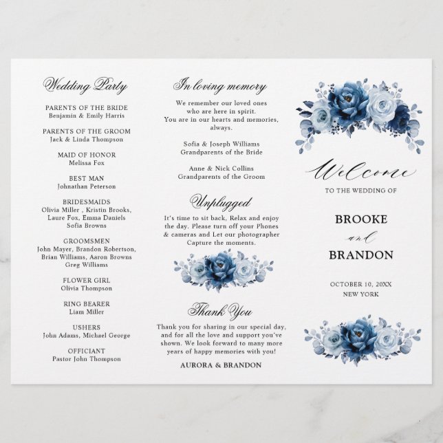 Botanisches Hochzeitsprogramm für die Blauschiefer (Vorderseite)